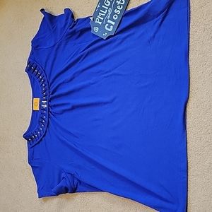 Ruby Rd Blouse Petite XL Blue Short Sleeve Beaded Cut Out Neckline
